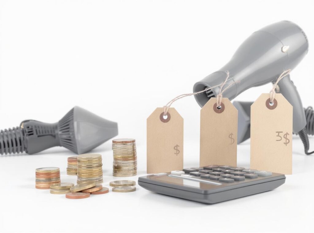 Cost analysis setup with calculator and hair dryers showing long-term value comparison