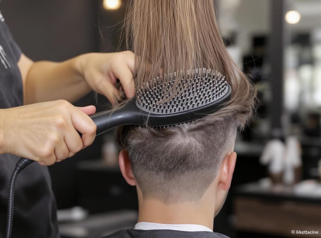 Creating hair volume at roots using round brush and blow dryer lifting technique