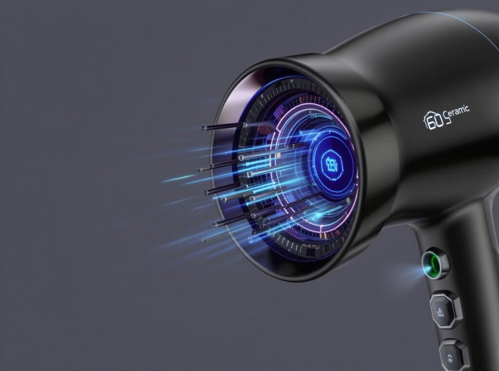 Advanced hair dryer showing ionic technology and temperature controls