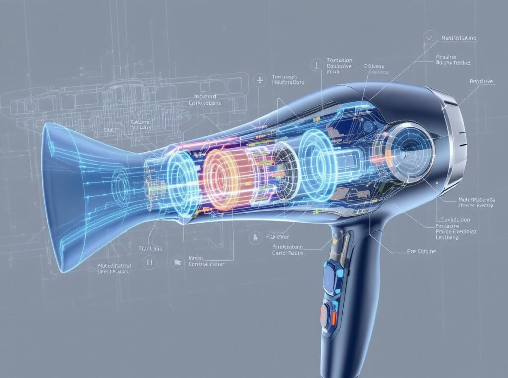Hair dryer quality features showing brushless motor and ionic technology components