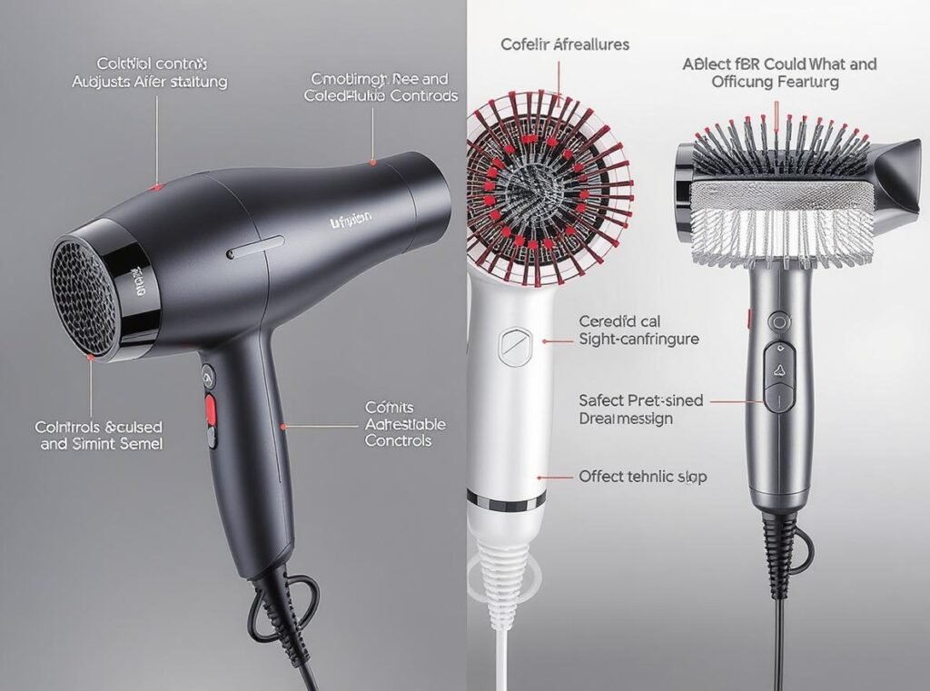 Modern pet ionic hair dryer with labeled safety features and adjustable controls
