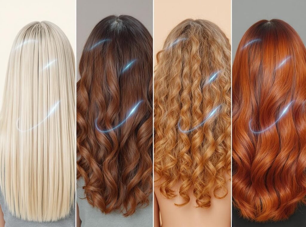 Different hair types showing cold air drying benefits for fine, thick, curly, and color-treated hair