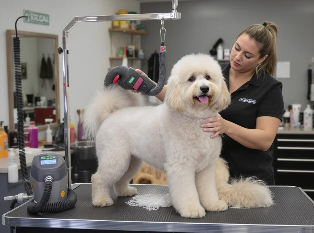 Professional dog groomer using specialized force dryer on large fluffy dog in grooming salon