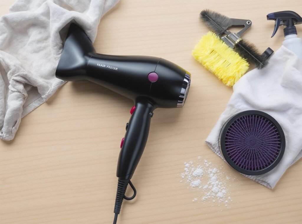 Hair dryer maintenance tools and cleaning supplies for optimal performance