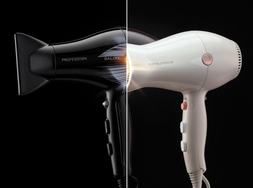 Side-by-side comparison of professional salon hair dryer versus consumer home model