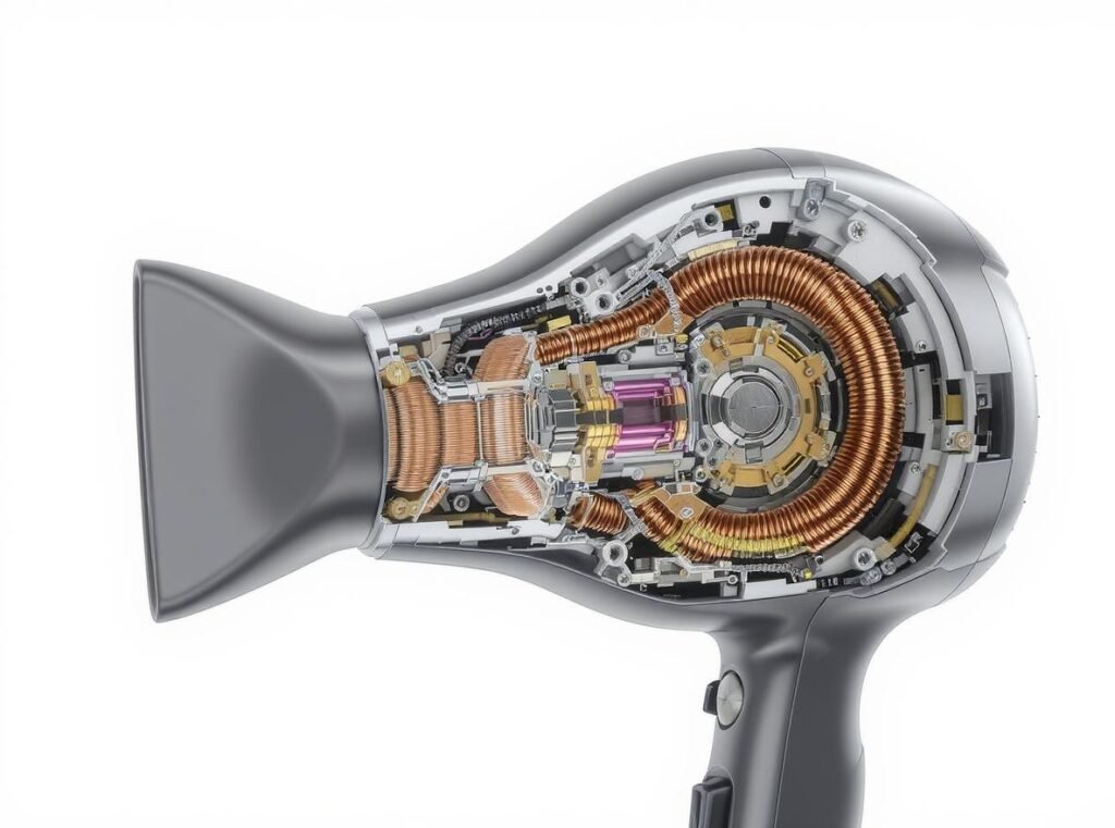 High-quality hair dryer AC motor cross-section showing professional-grade components