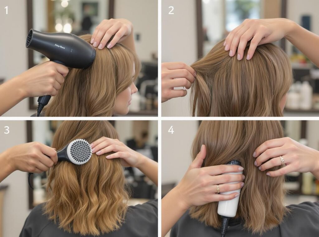 Step-by-step process combining hair dryer and styling products properly