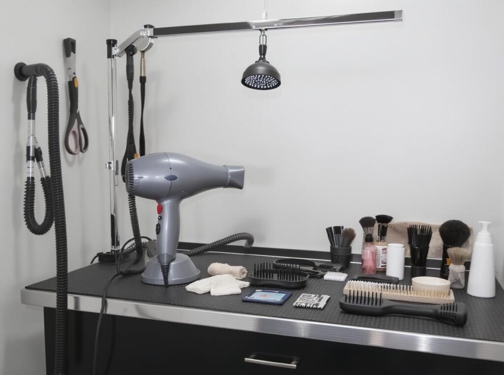 Professional dog grooming equipment setup with specialized dryer and attachments for home use