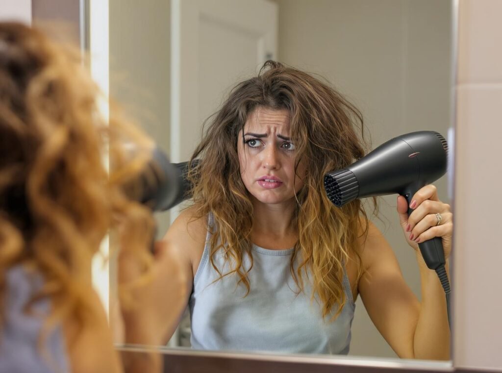 Woman with heat-damaged frizzy hair from improper hair dryer use