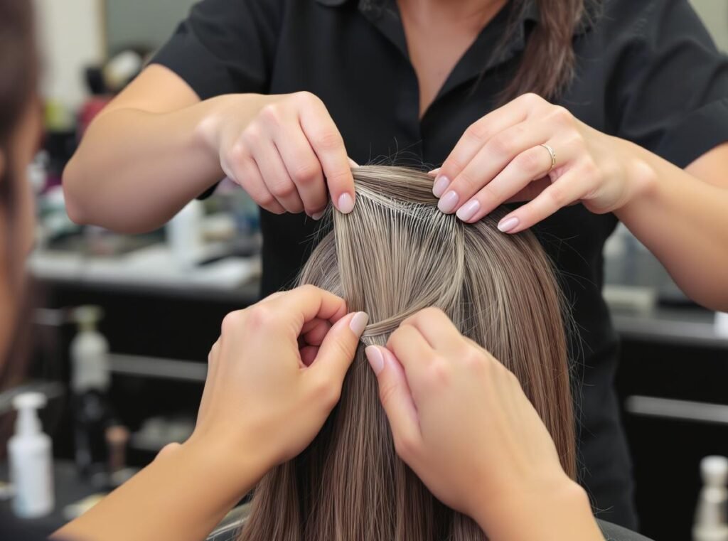 Professional hair stylist working with fine hair using expert techniques