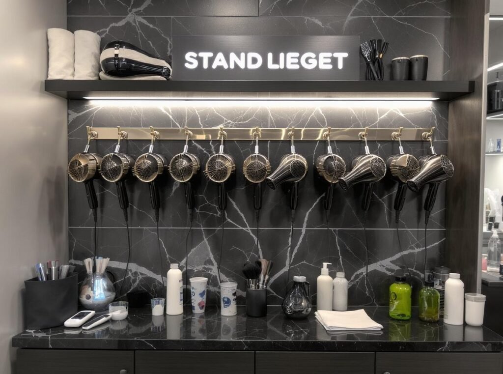Professional salon equipment station with commercial-grade hair dryers and tools