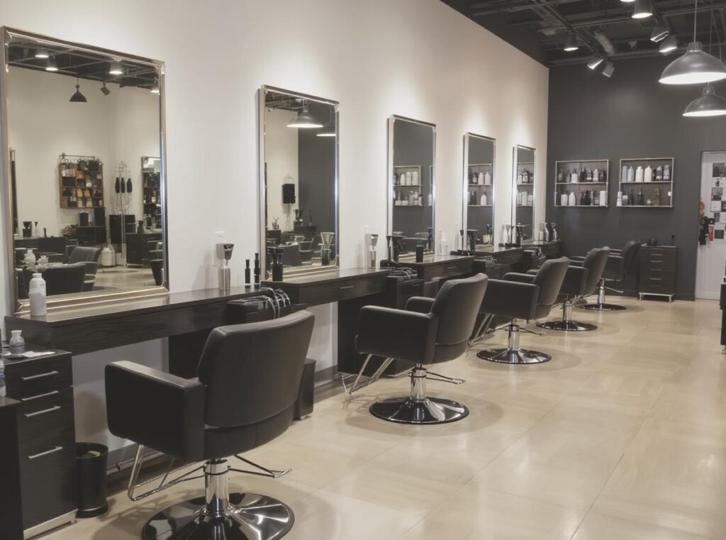 Professional salon setup with multiple hair dryer stations for wholesale buyers