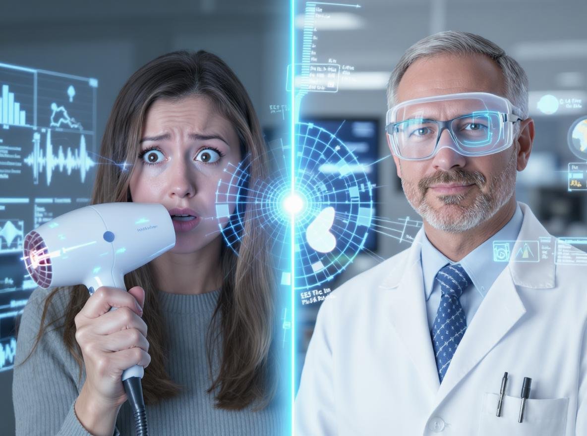 Woman concerned about hair dryer safety next to scientist with electromagnetic field safety charts