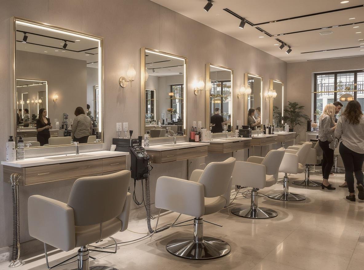 Professional salon interior with multiple hair styling stations and modern hair dryers