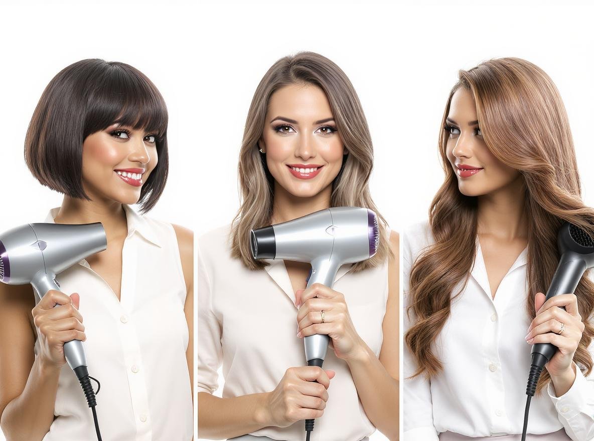 Woman with different hair lengths showing blow drying time variations from short to long hair