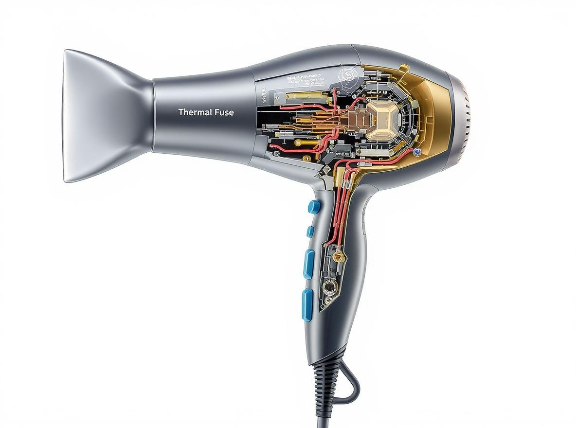 Hair dryer cutaway showing thermal fuse safety component and internal heating element