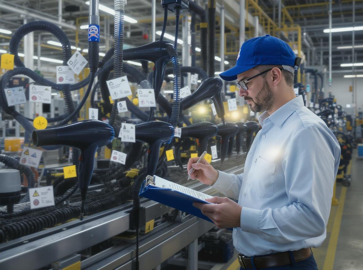 Professional hair dryer quality control inspection in modern manufacturing facility