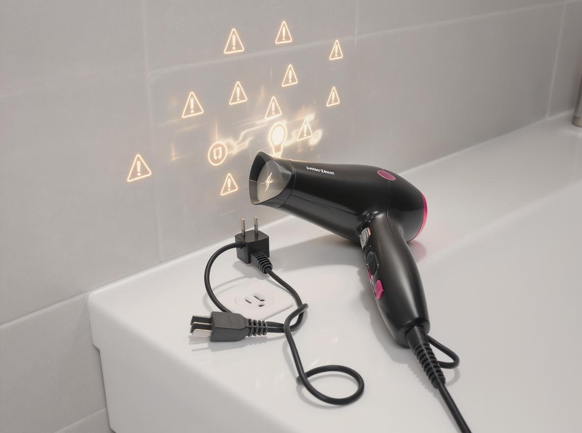 Hair dryer safety - professional hair dryer unplugged from bathroom outlet