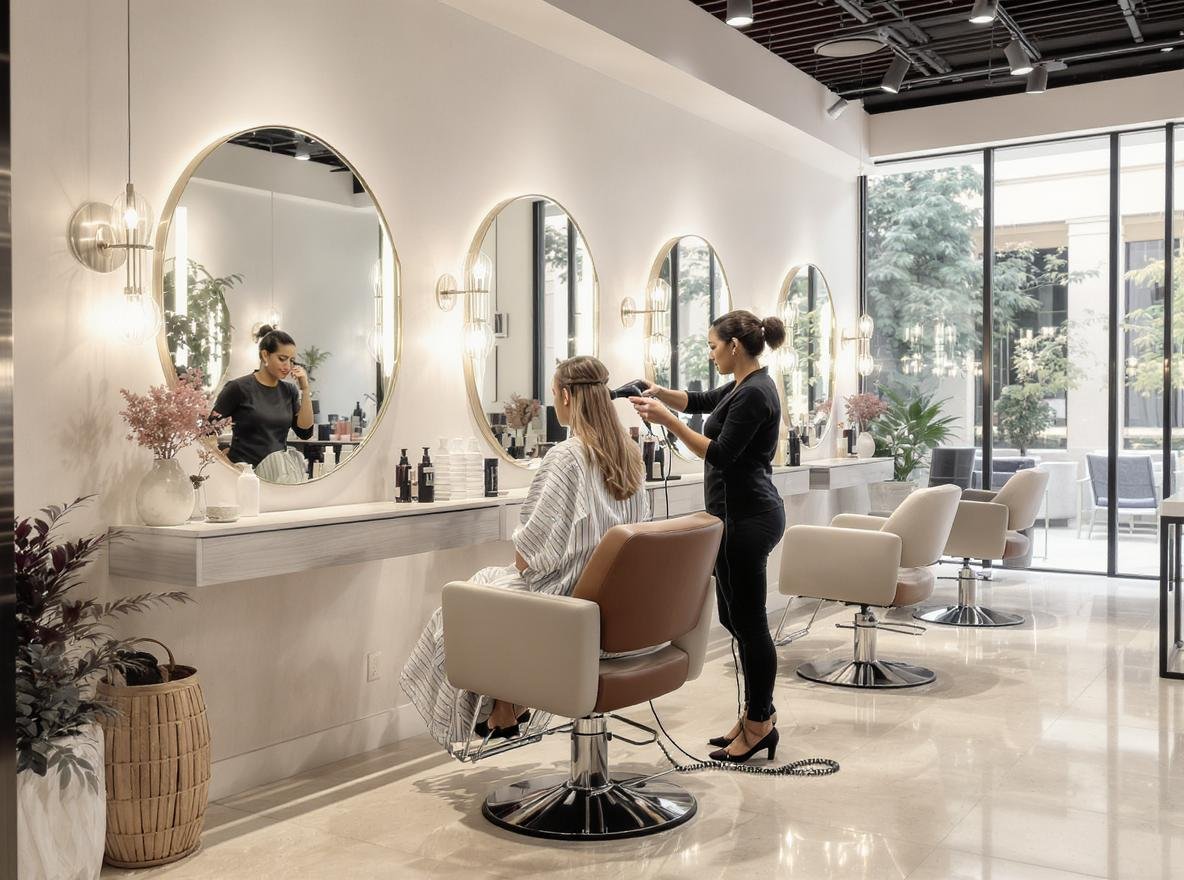 Professional salon hairstylist using hair dryer with extended cord for client styling