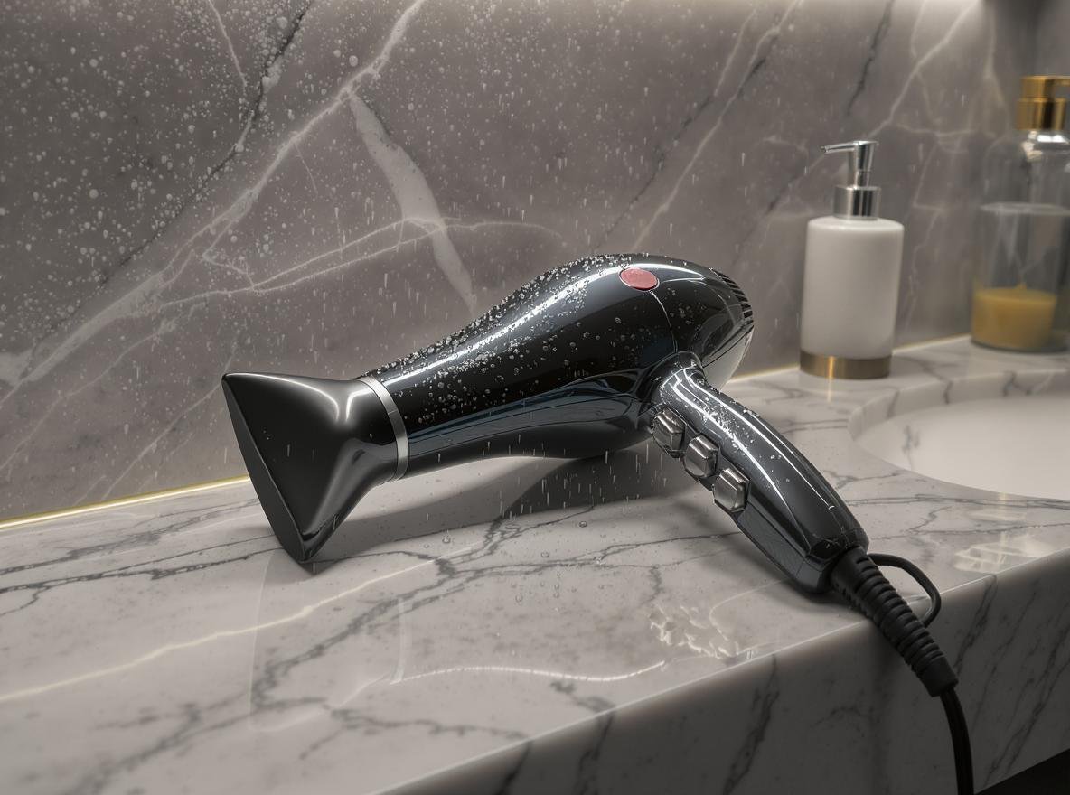 Hair dryer on bathroom counter with water droplets showing electrical safety concerns
