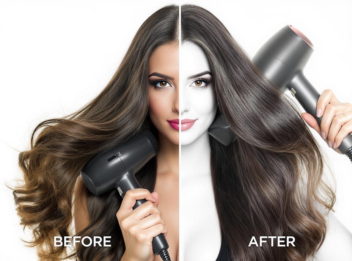 Professional woman demonstrating ionic ceramic hair dryer results with before and after hair comparison
