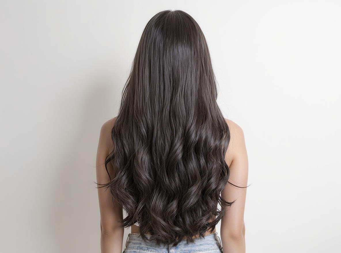 Woman with thick long hair naturally air-dried without hairdryer