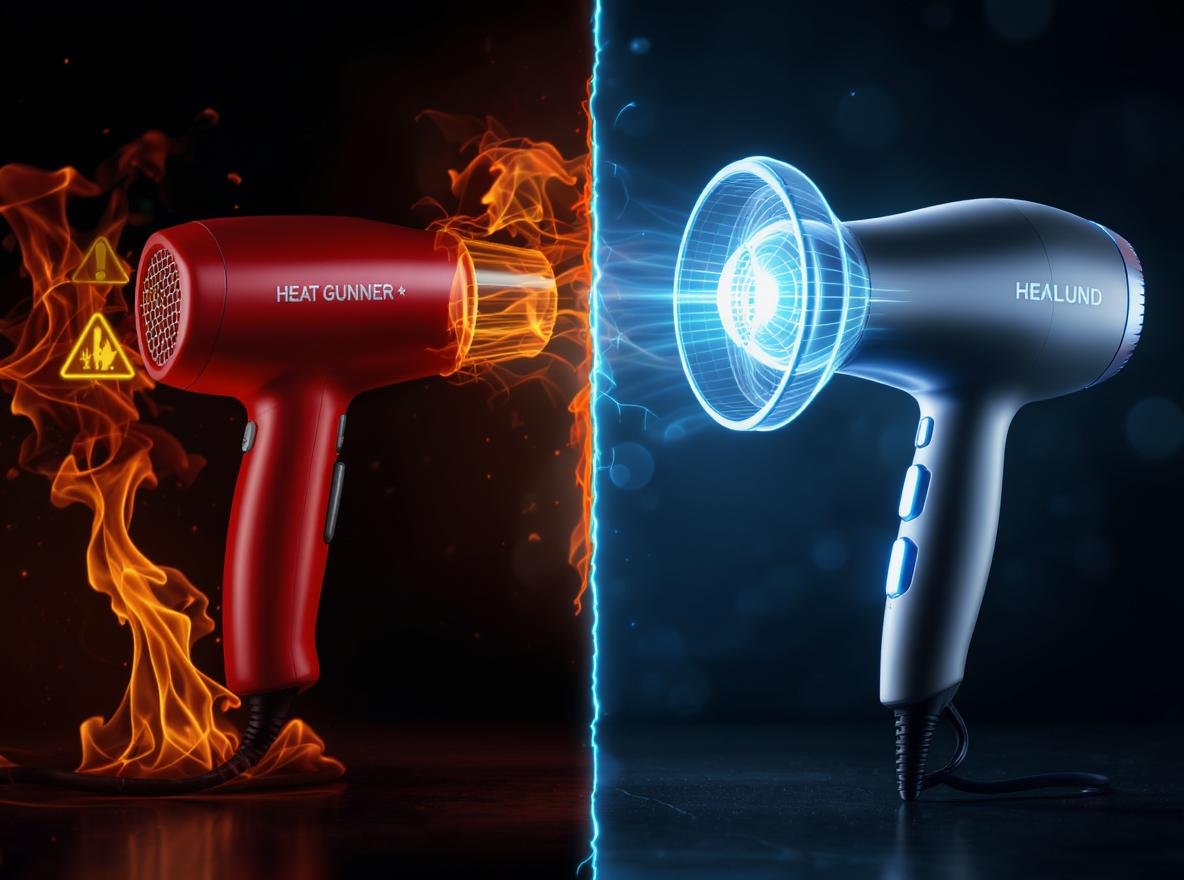 Heat gun vs hair dryer safety comparison showing dangerous heat gun with warning symbols and safe hair dryer with protective features