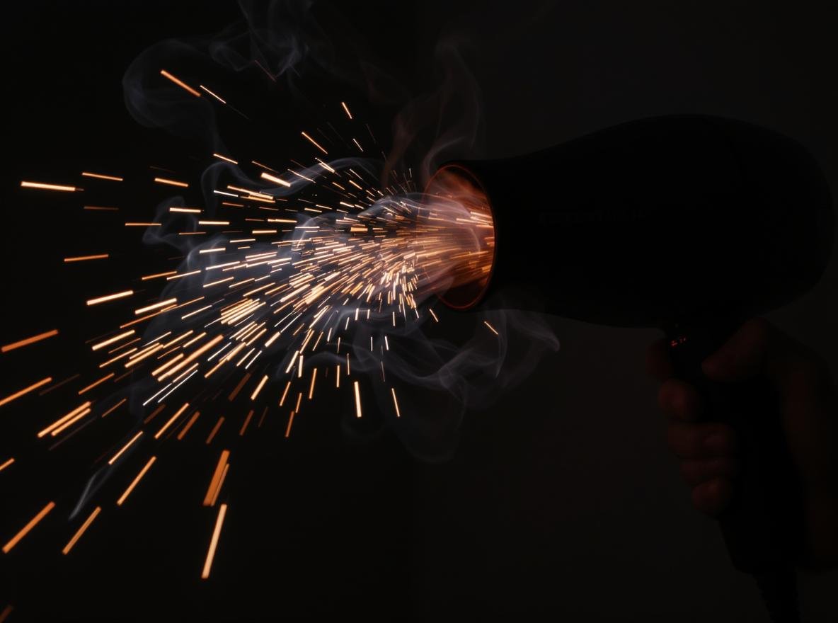 Overheated hair dryer with sparks and flames showing fire danger from misuse