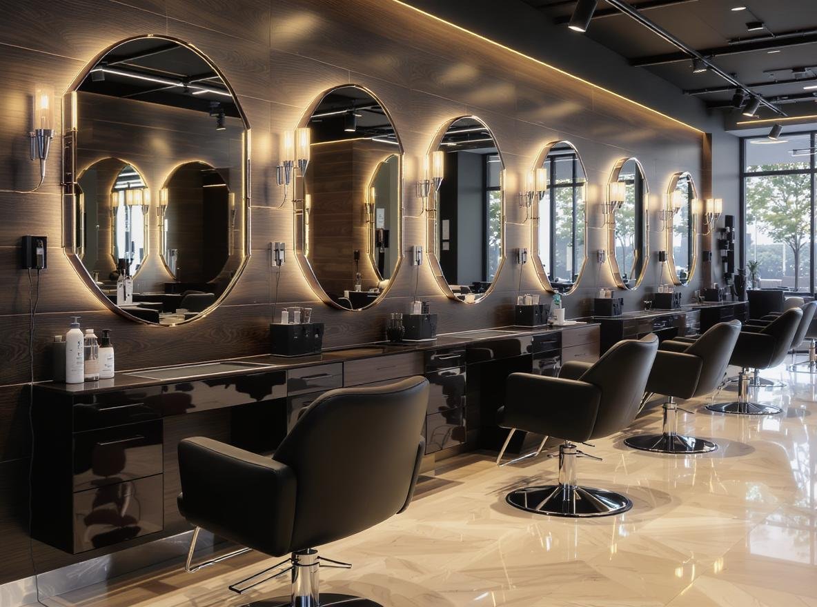 Professional salon hair dryers with AC and DC motors mounted on styling station walls