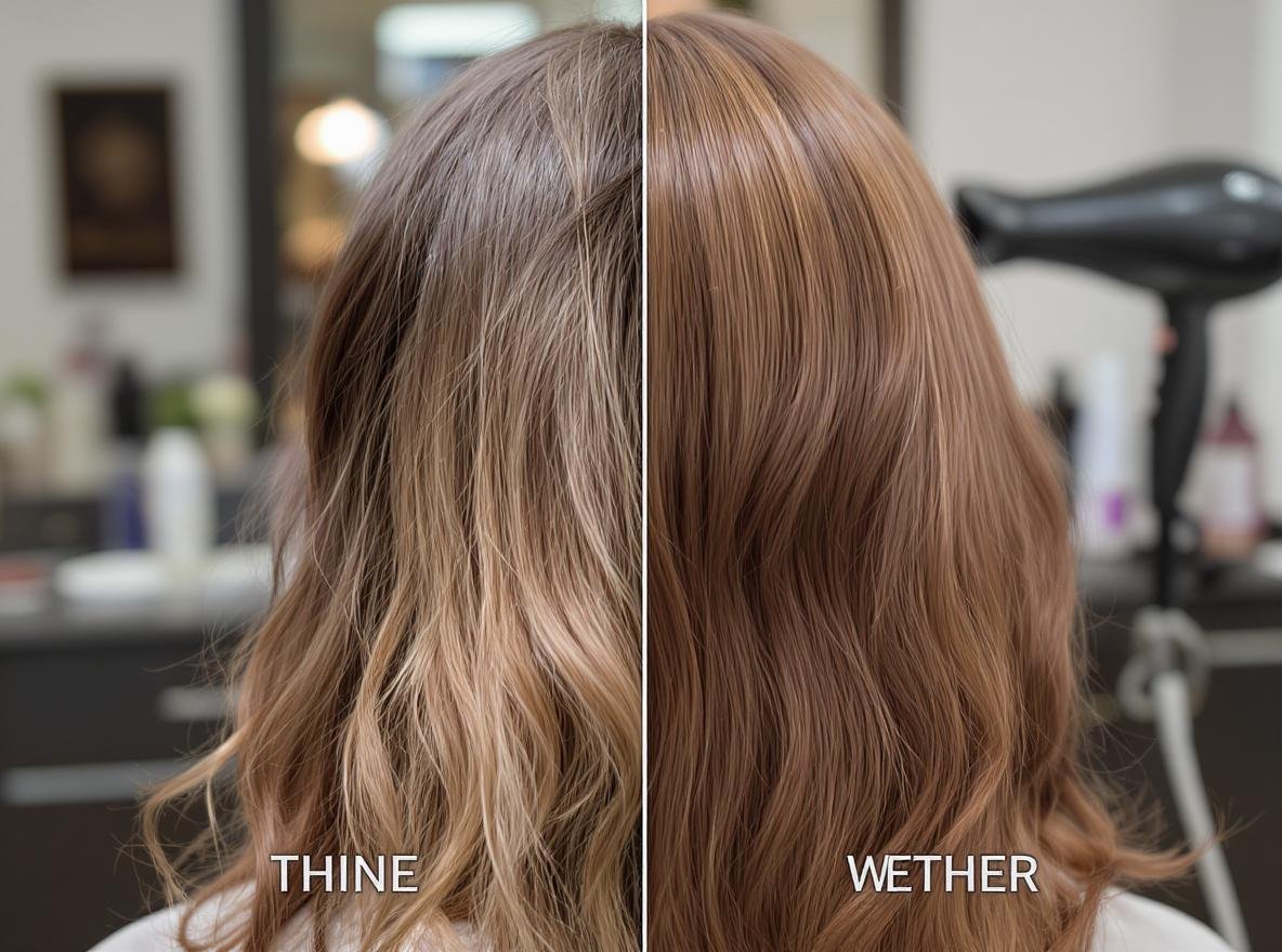Before and after comparison showing thinning hair recovery from blow-drying damage