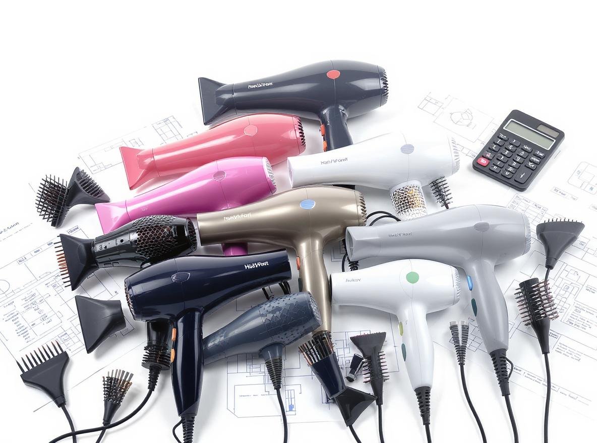 Custom branded hair dryer MOQ manufacturing planning with multiple professional hair dryers and business documents