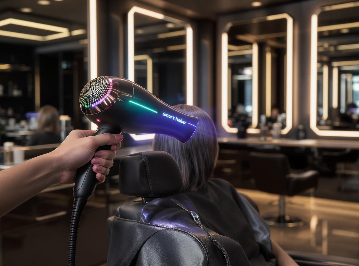 Professional stylist using smart hair dryer in modern luxury salon