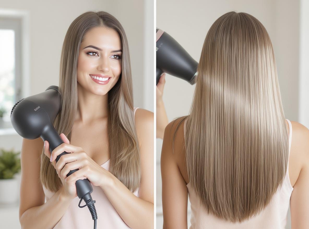 Woman comparing healthy and damaged hair with professional hair styling tools