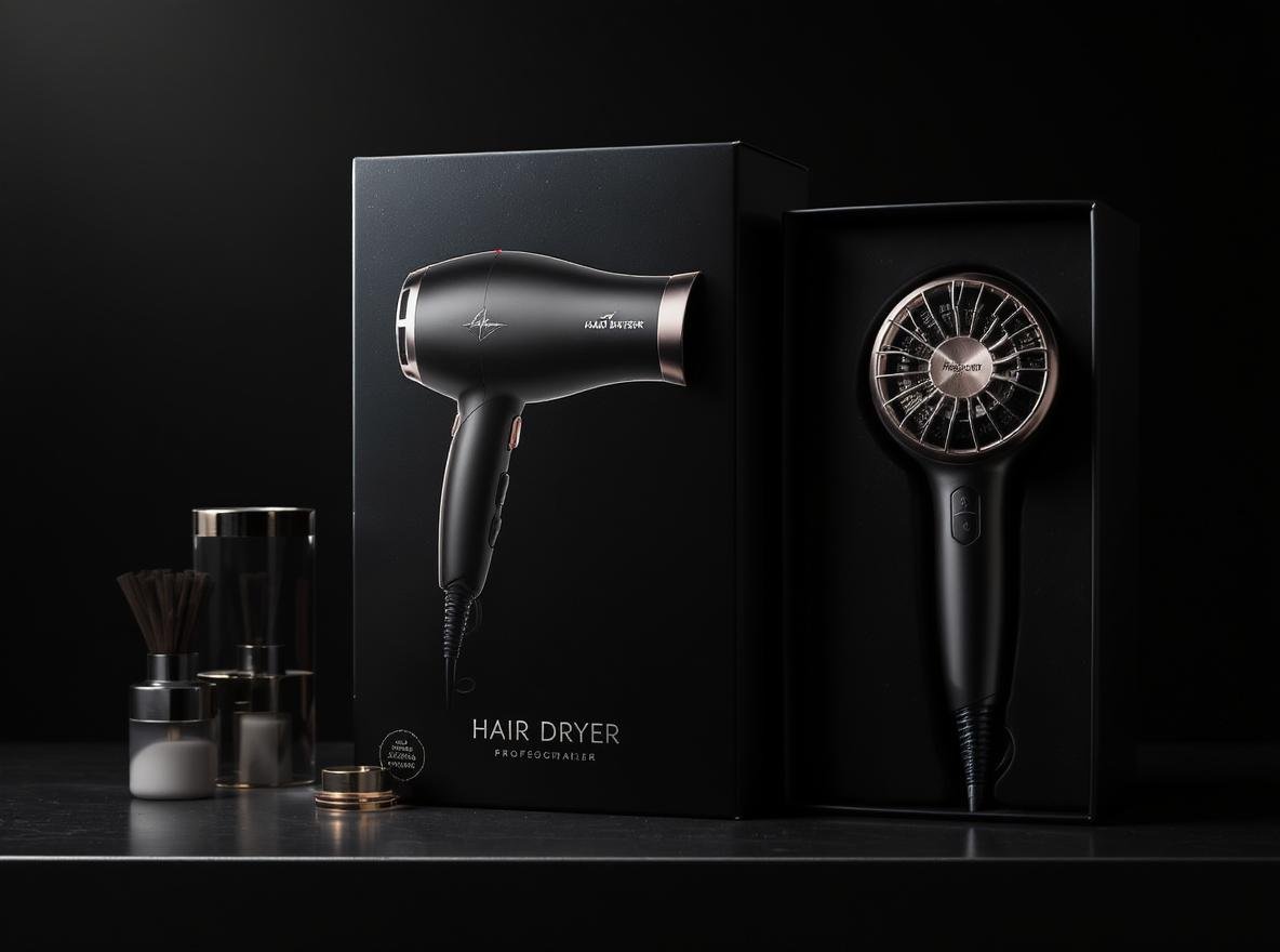 Premium hair dryer packaging design showcasing retail shelf impact and visual appeal