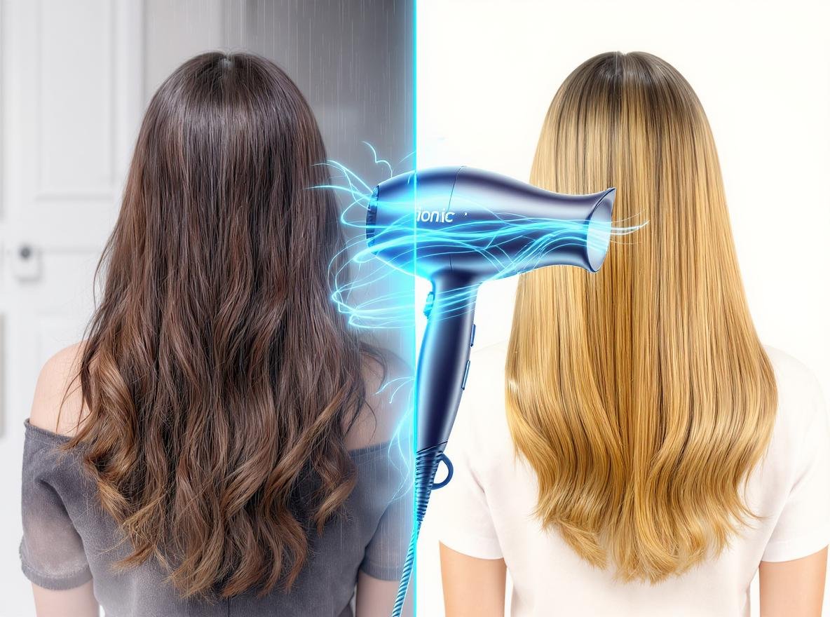 Ionic hair dryer comparison showing damaged vs healthy hair with negative ion technology