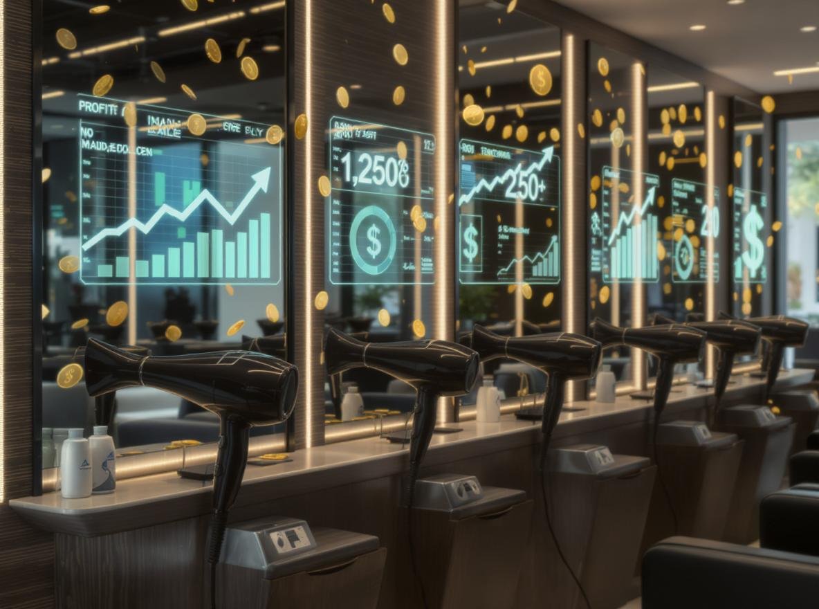 Professional salon calculating ROI from high-end hair dryer investment with profit charts