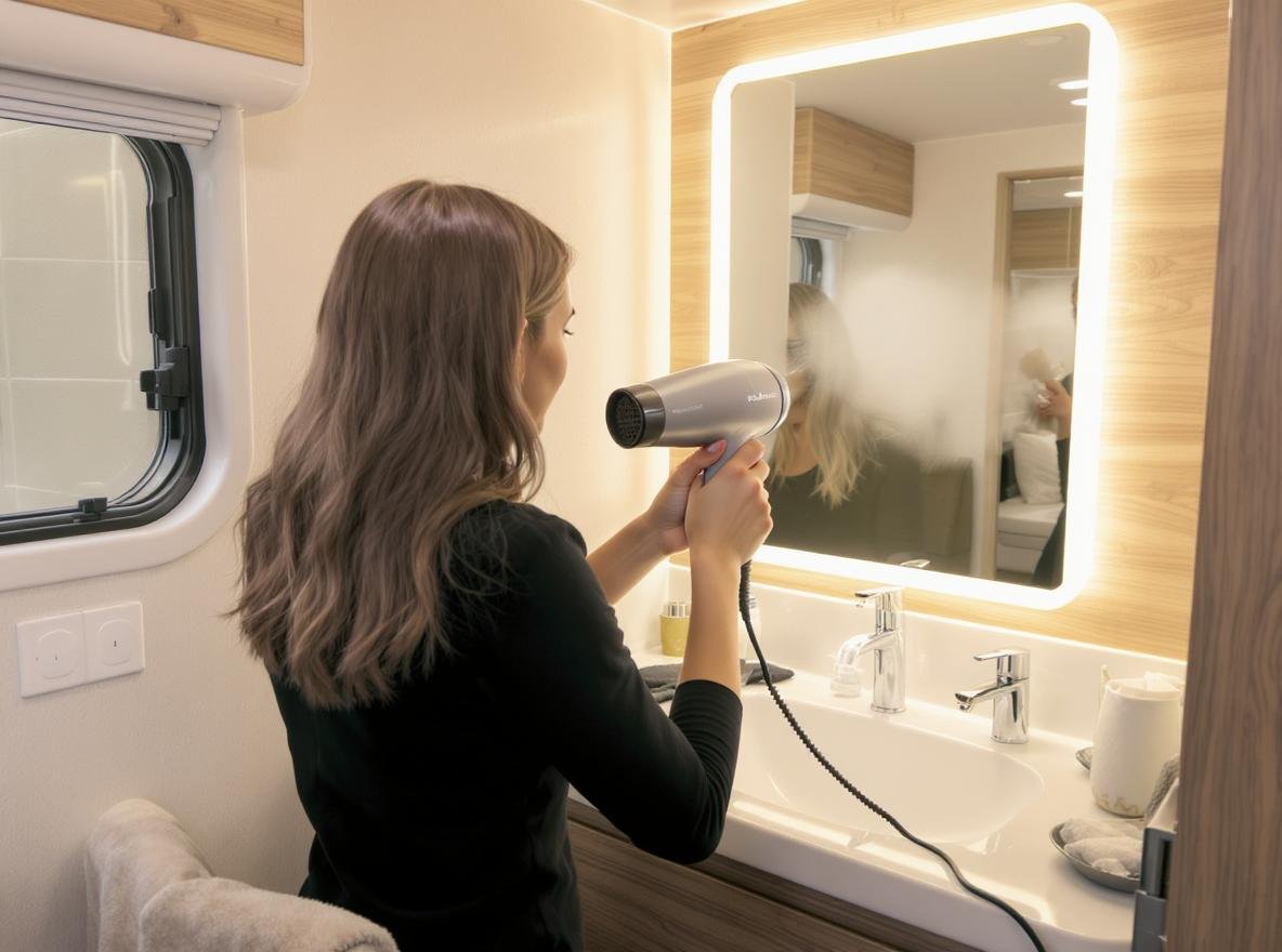 Woman using hair dryer in modern RV bathroom with electrical outlets