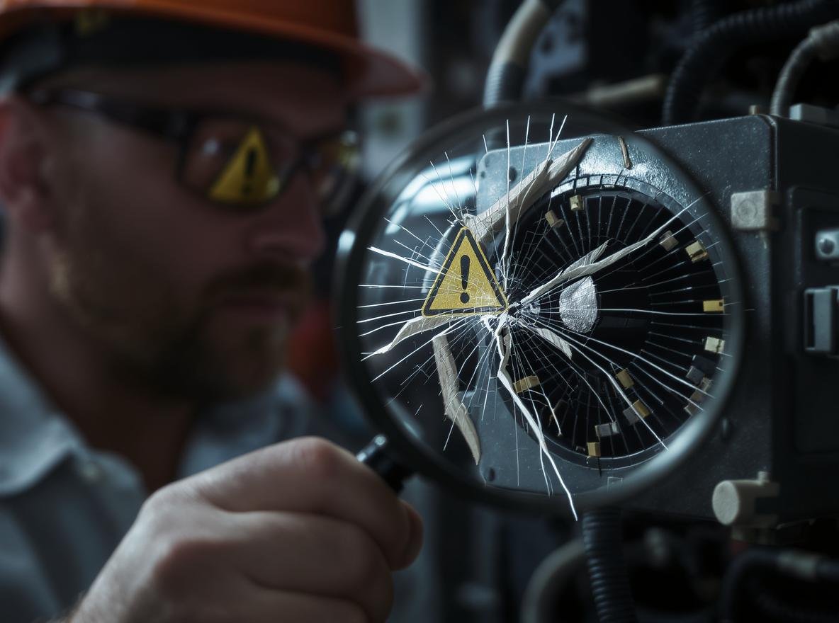 Professional inspector examining defective hair dryer showing cracks and electrical safety issues during quality control inspection