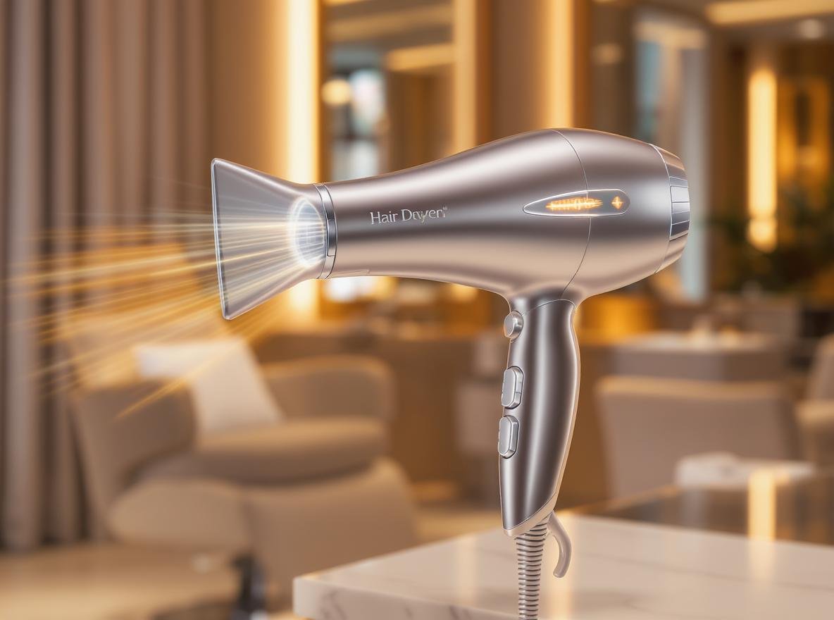 Professional infrared hair dryer in modern salon setting with styling chair and mirror