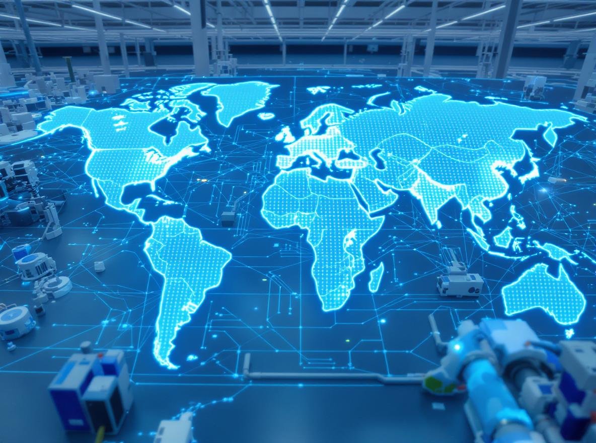 Global manufacturing facility showing modern production lines and world map representing international appliance manufacturing