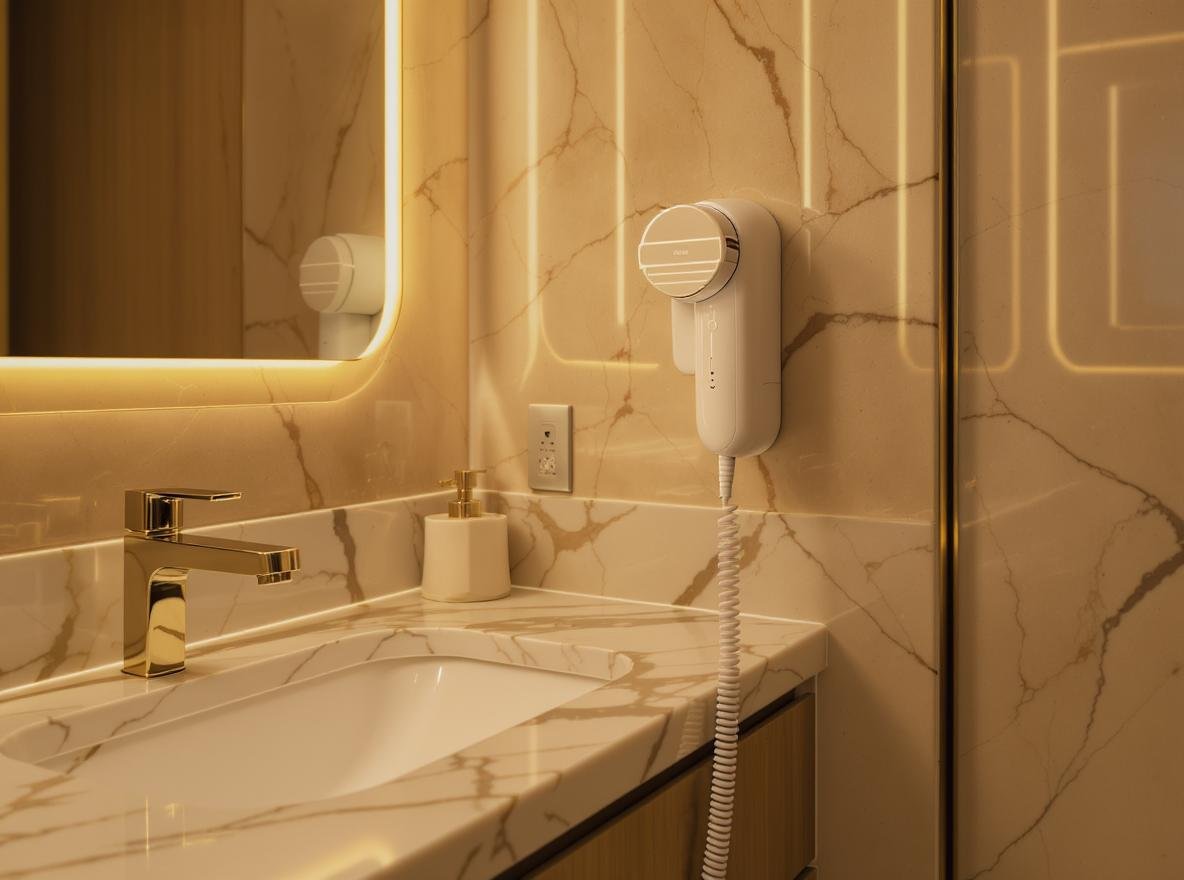 Hotel bathroom with wall-mounted hair dryer and marble countertop