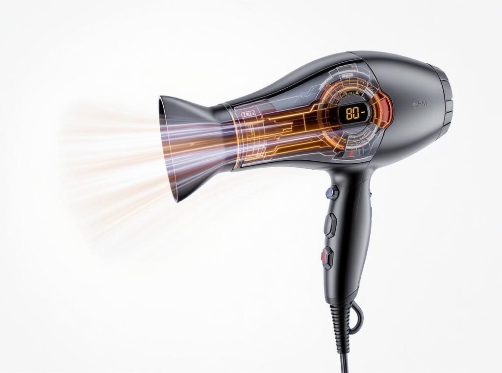 High CFM professional hair dryer showing airflow measurement and brushless motor technology