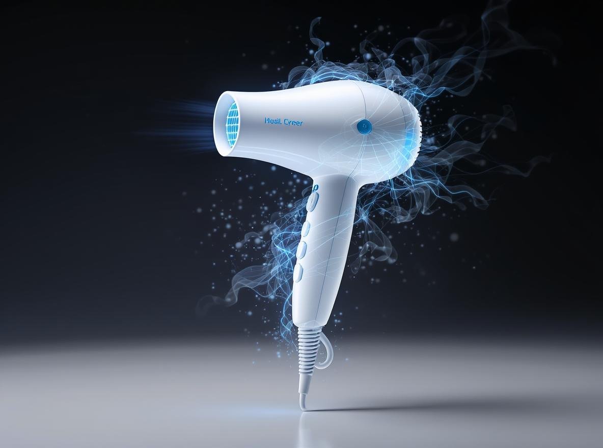 Ionic hair dryer with negative ions and electrical particles showing ozone emission technology