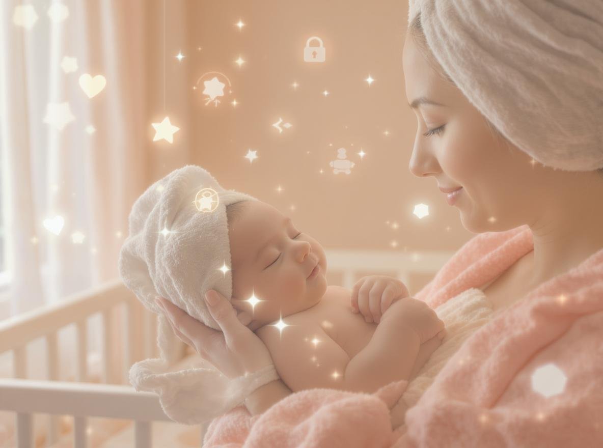Mother gently drying baby's hair with towel in nursery - safe hair drying alternatives