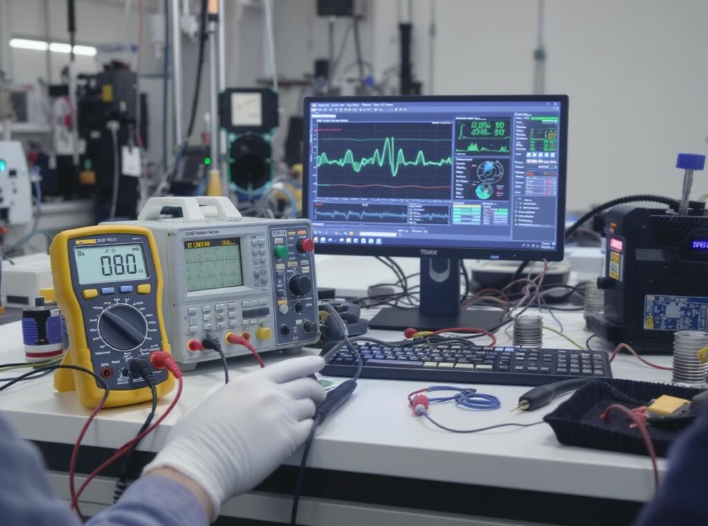 Professional hair dryer switch testing laboratory with digital multimeter and oscilloscope equipment
