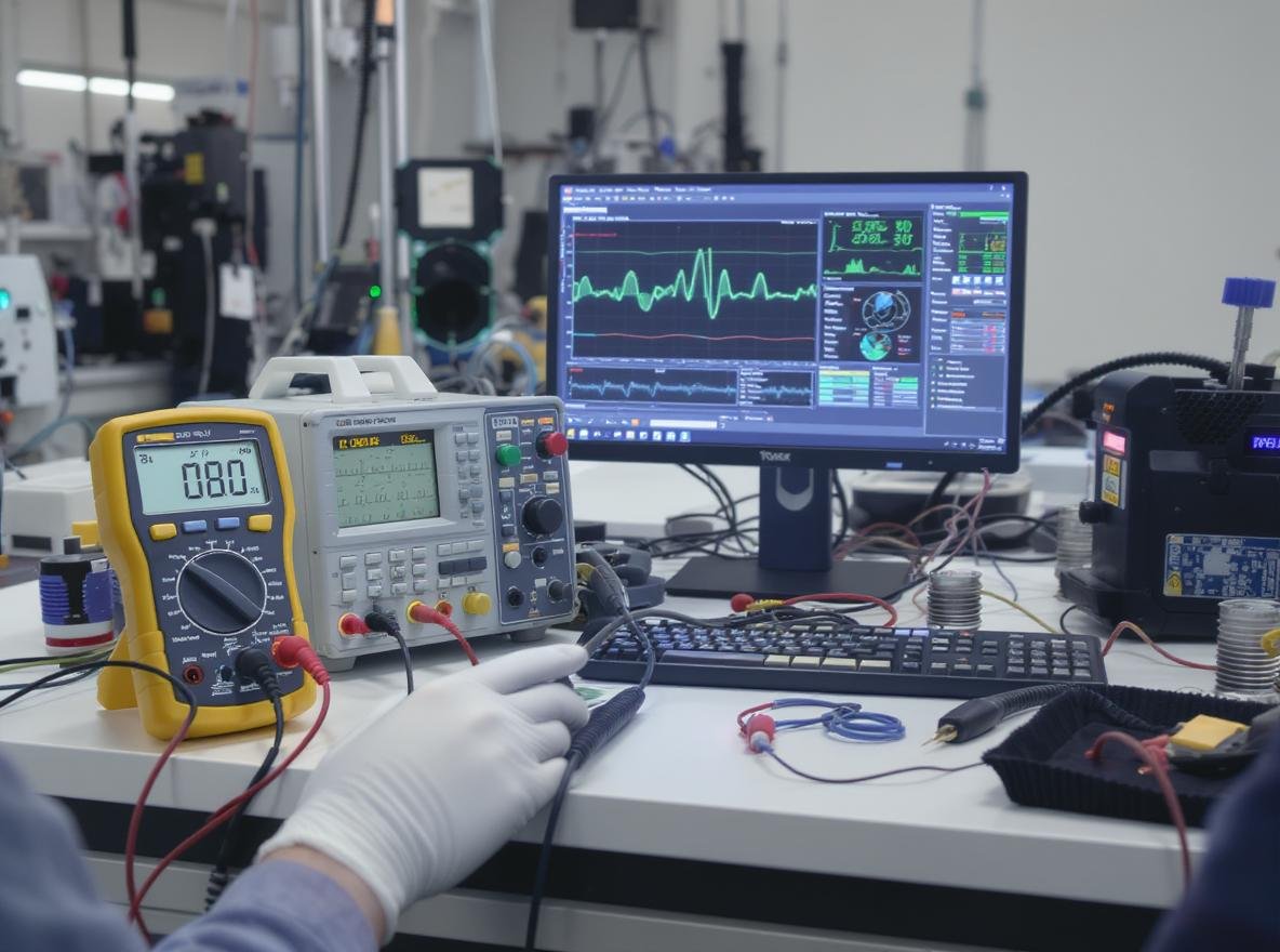 Professional hair dryer switch testing laboratory with digital multimeter and oscilloscope equipment