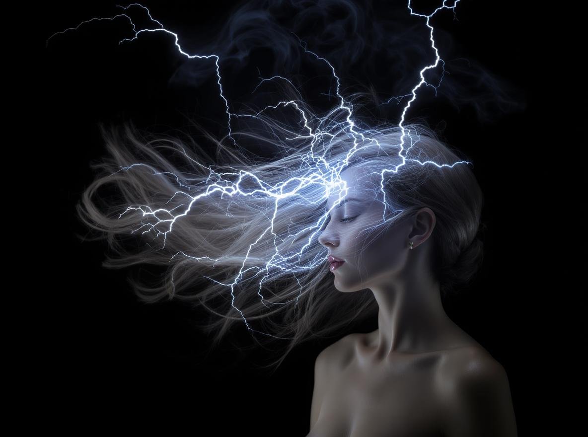 Woman with static hair strands floating upward showing static electricity effects