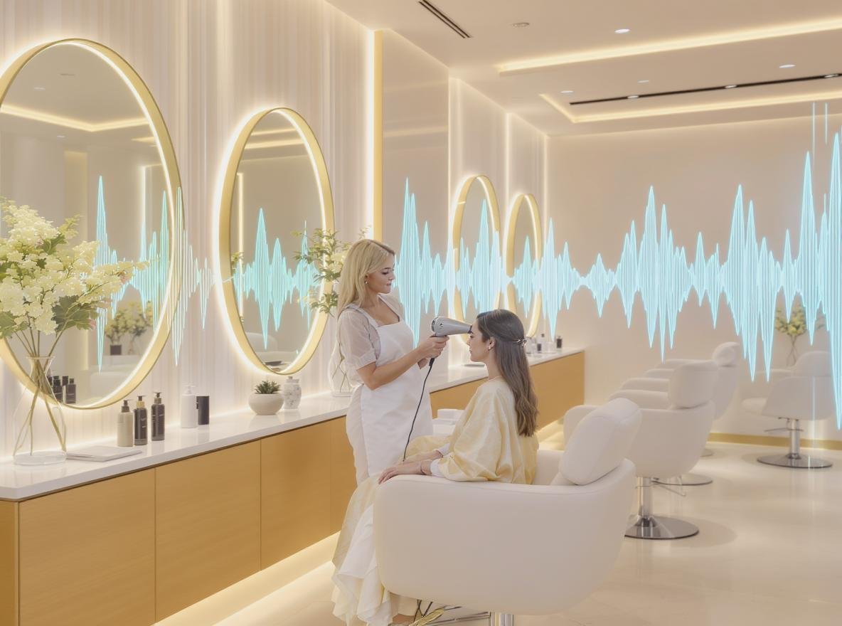 Professional salon stylist using quiet hair dryer on client in peaceful luxury salon environment