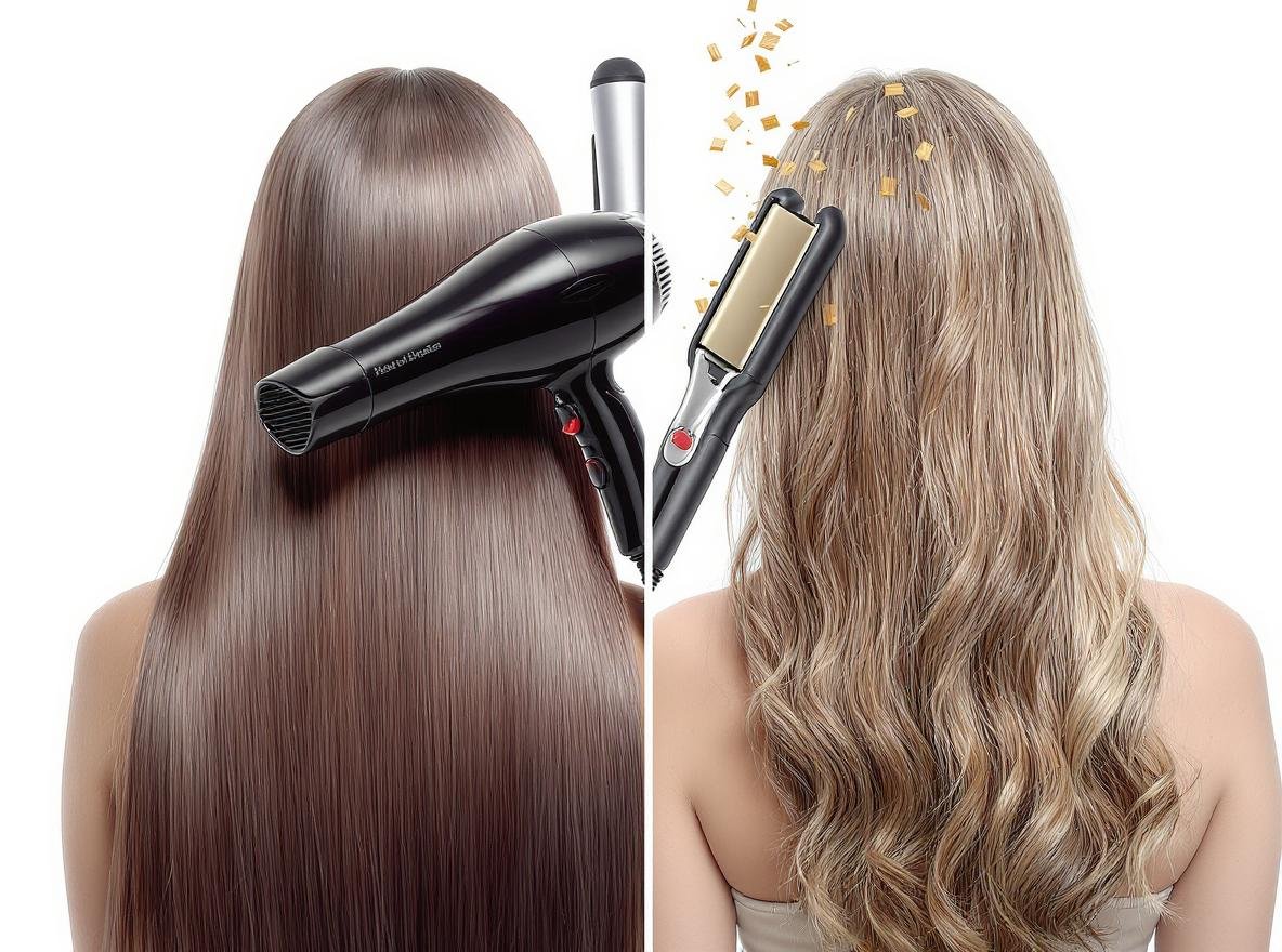 Comparison of healthy vs heat damaged hair with blow dryer and flat iron styling tools