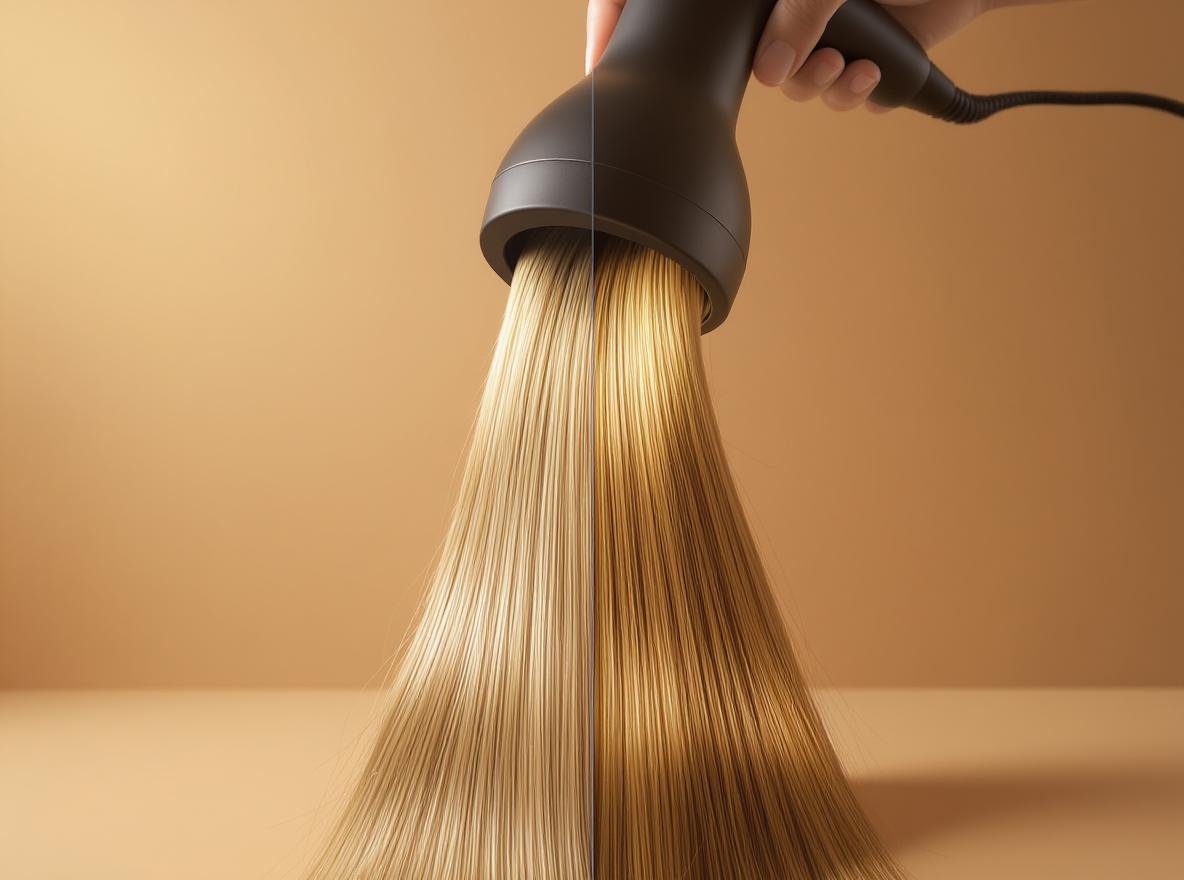 Professional hair dryer with healthy shining hair strands showing benefits of proper blow drying technique